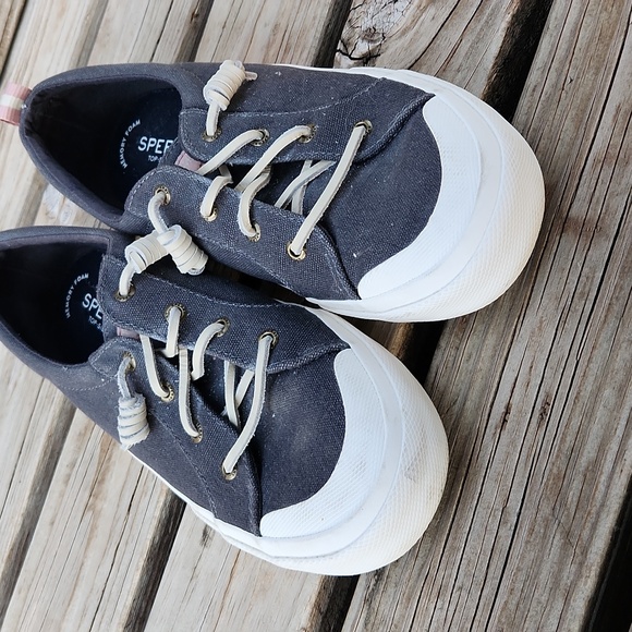 Sperry Pier Wave 9.5 Slip On Canvas Leather Sneaker Shoe Blue Pink - Picture 2 of 7